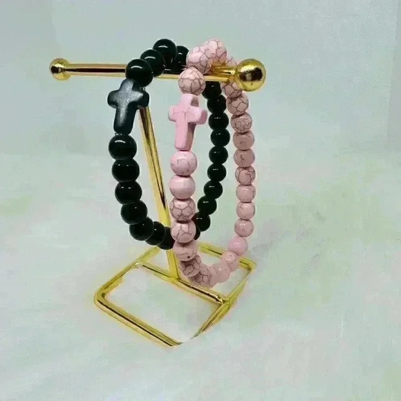 Black Pink Duo Natural Stone Cross Bracelet - Picture 2 of 5